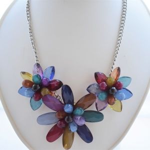 Blue Green Flowers Large Statement Bib Necklace